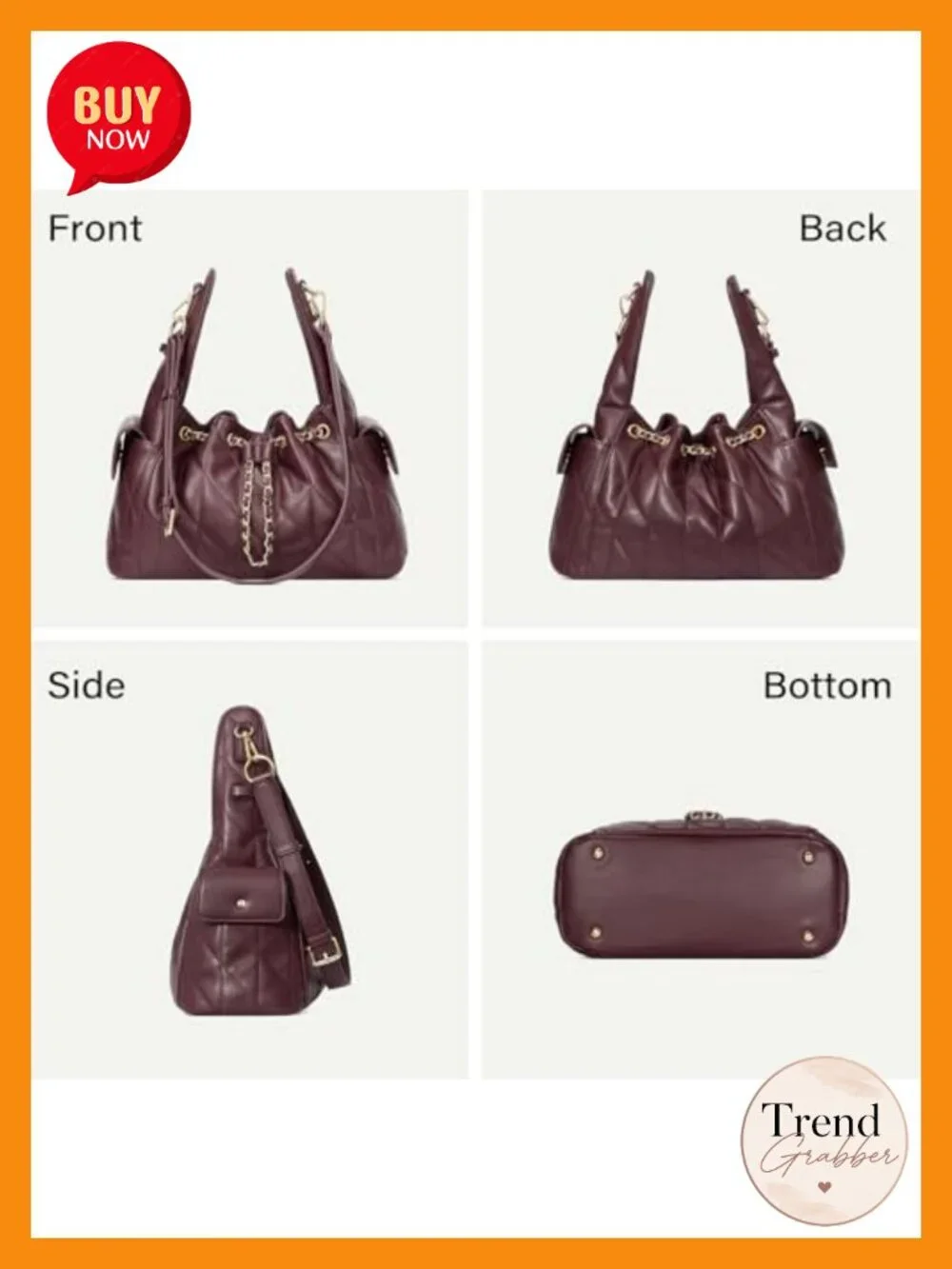 Quilted Vegan Leather Hobo Bag with Adjustable Strap, Slouchy Shoulder Purse